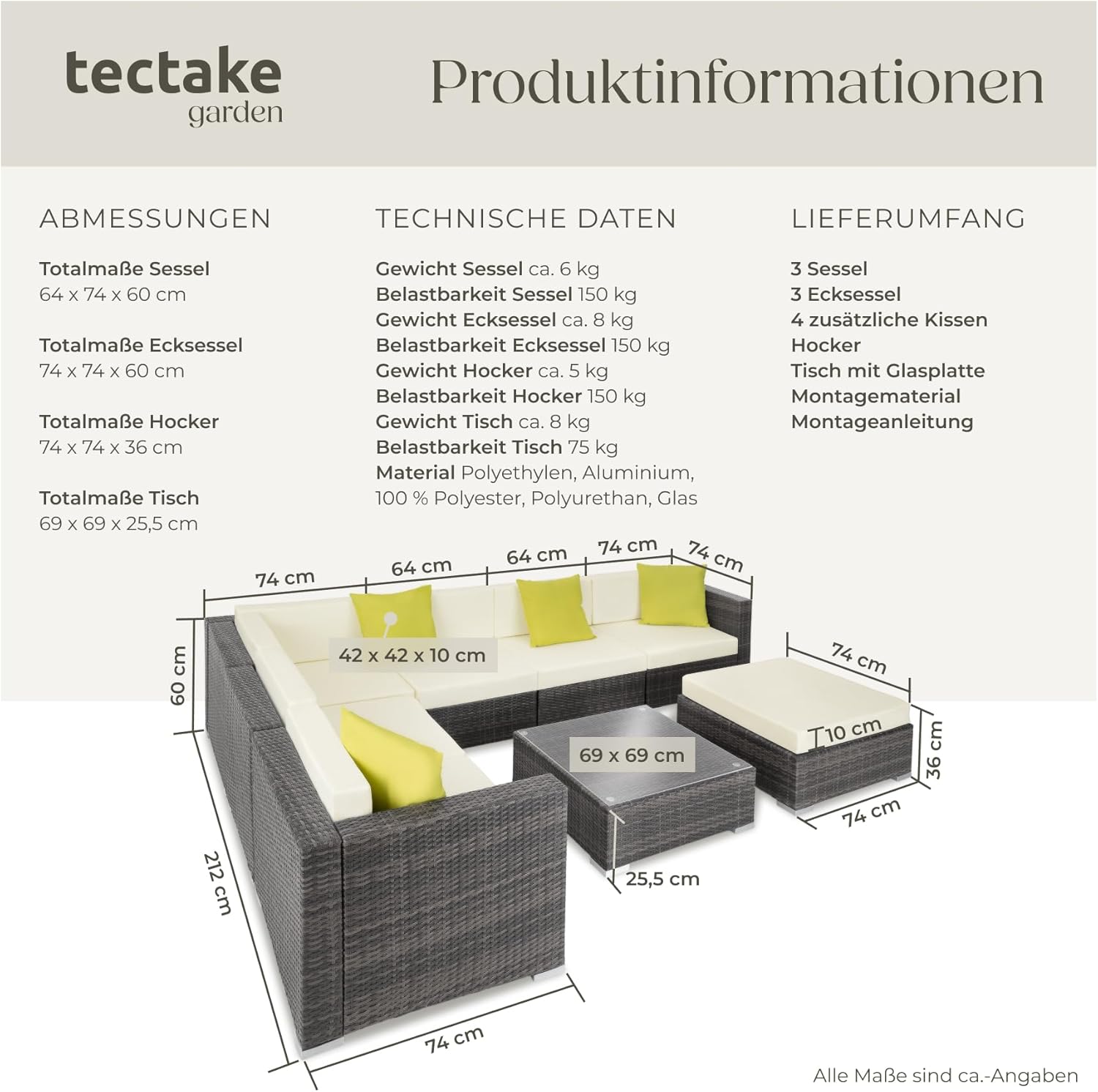 tectake® Poly Rattan Lounge, Garten Loungemöbel Set für 6 Personen, große Sitzgruppe mit L-Form Sofa und Esstisch Outdoor, Gartenmöbel wetterfest, Terrassenmöbel inkl. Hocker und Kissen - grau