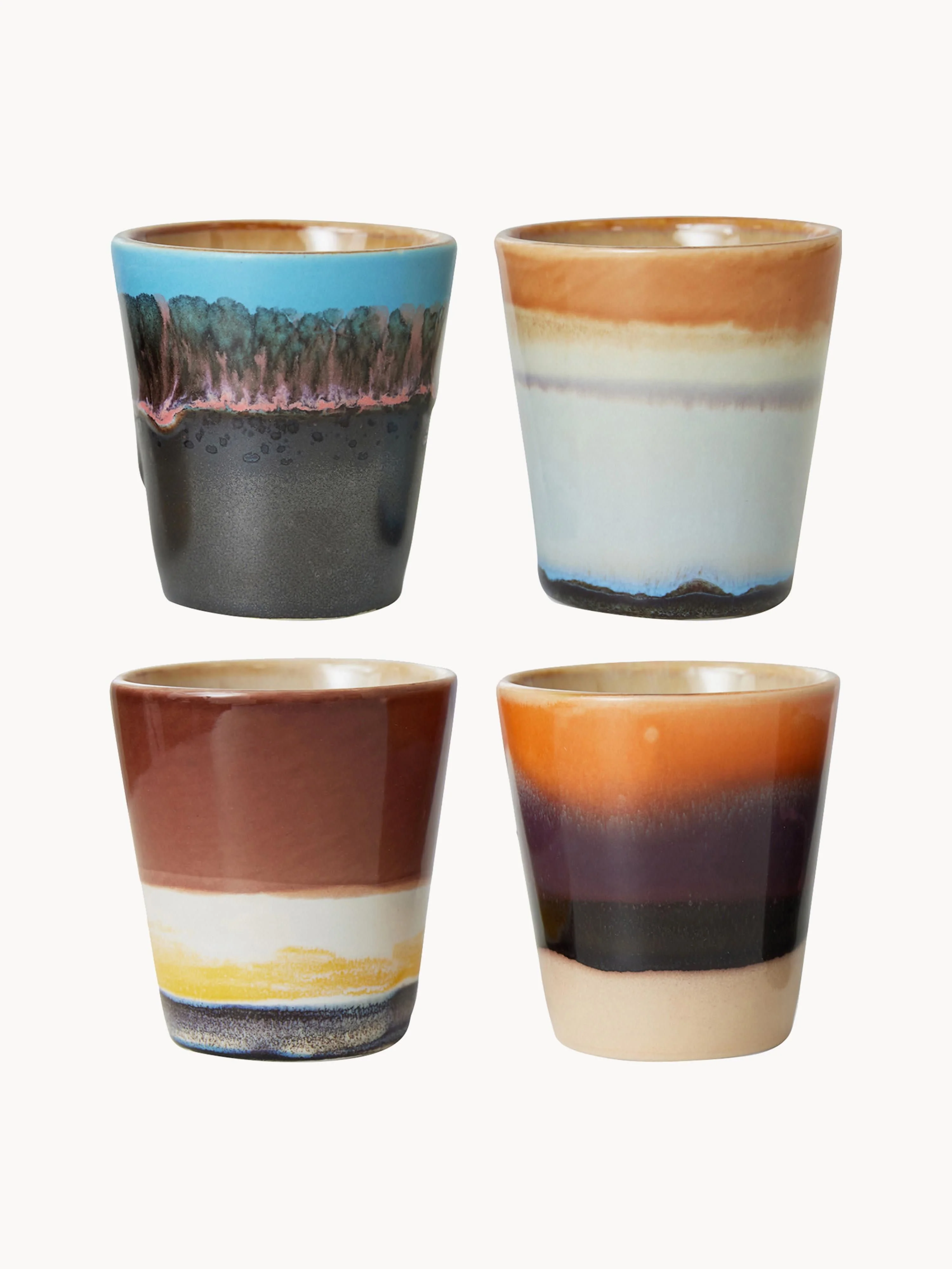 Handbeschilderde espressokopje 70's met reactief glazuur, 4-delig