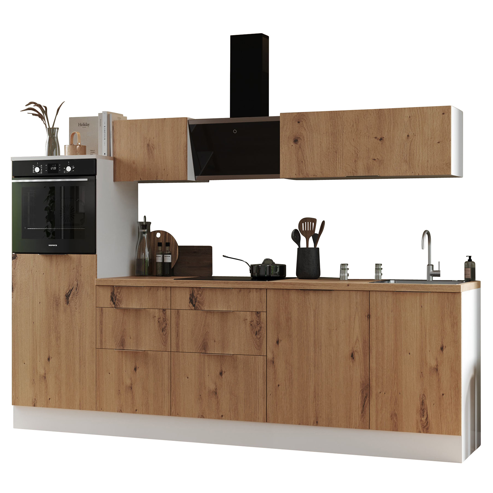 RESPEKTA Küchenblock - Artisan Eiche - weiß matt - mit E-Geräten - 280 cm
