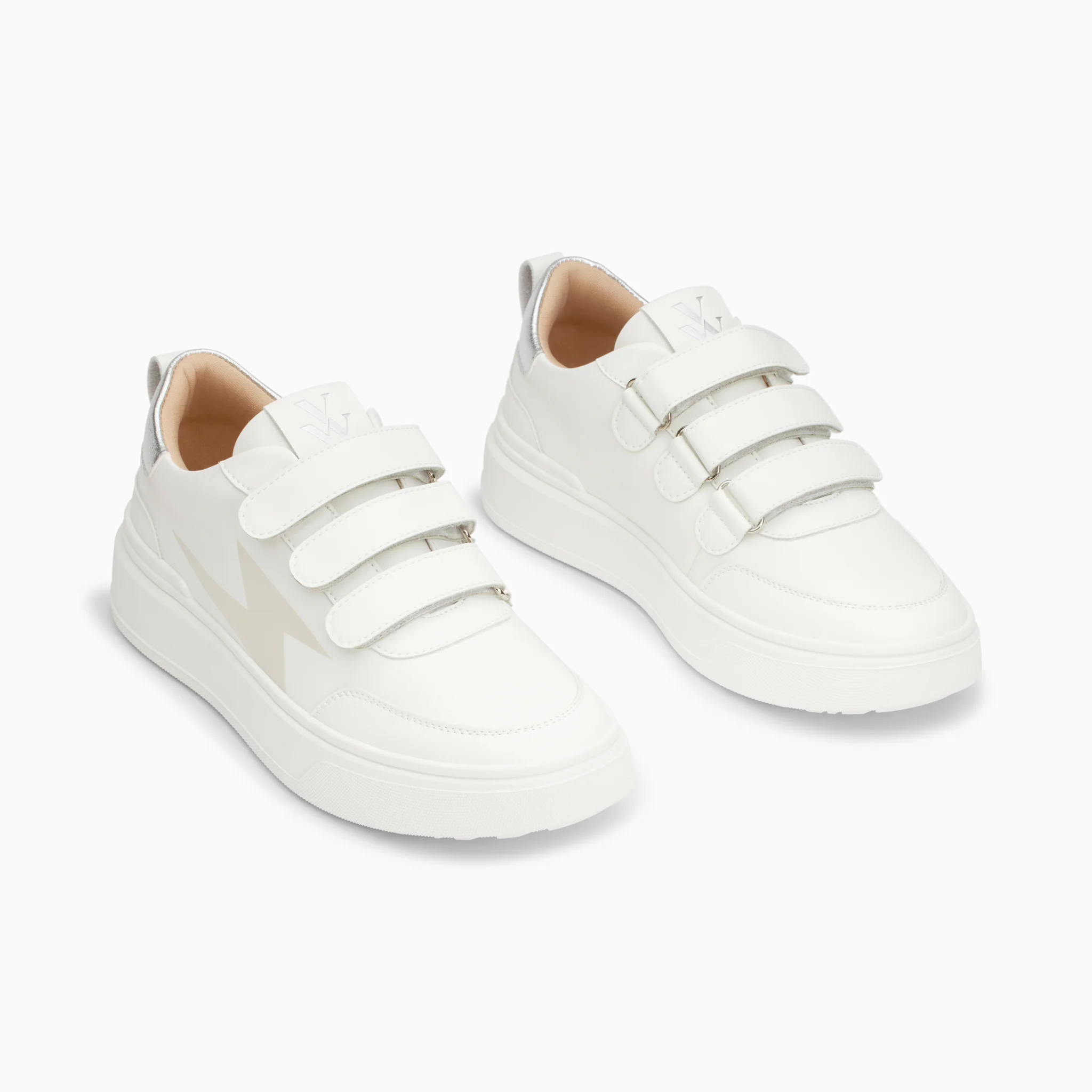 Sneakers-Baskets éclair Lison blanc et argent à scratchs