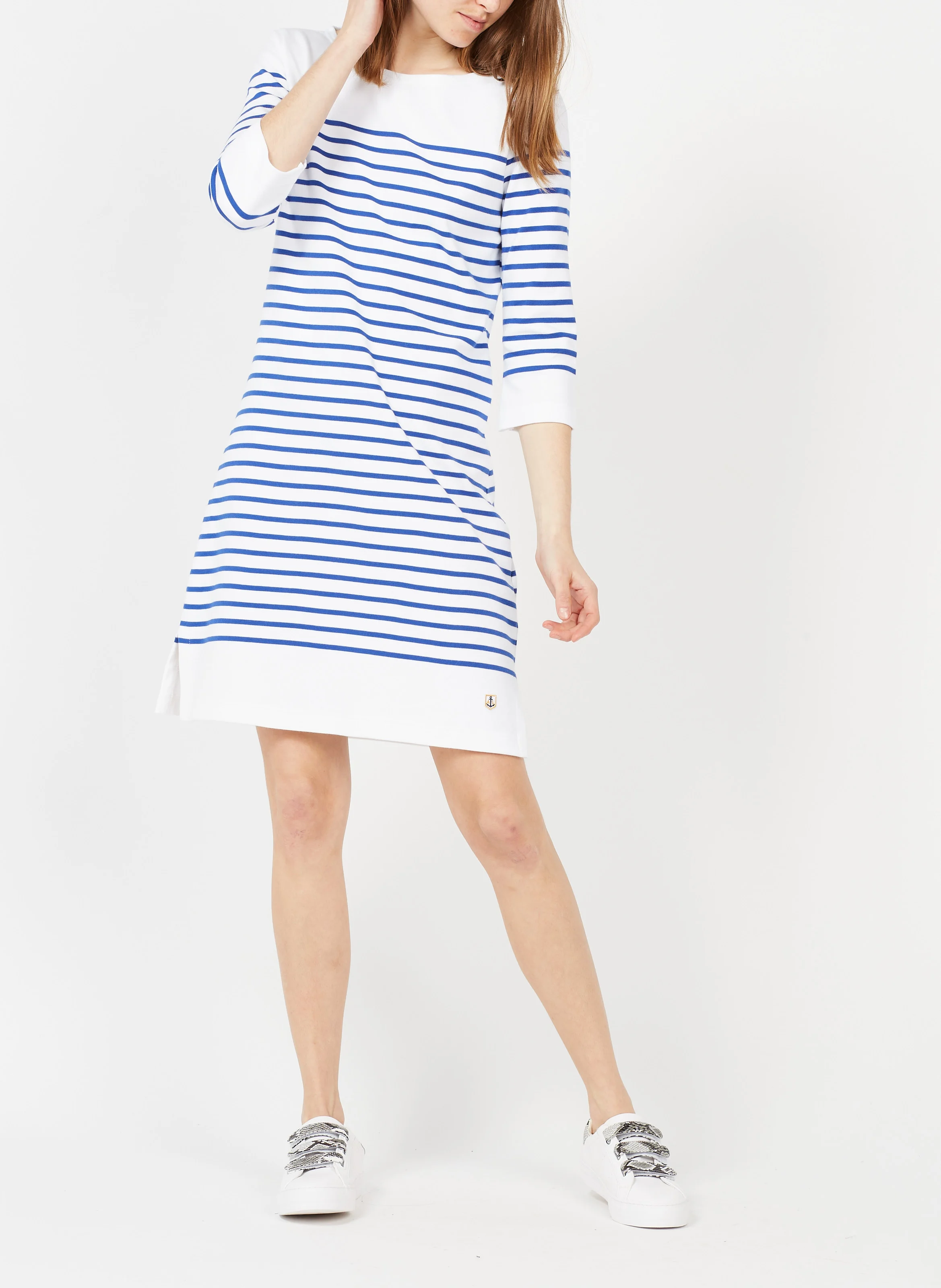 Robe col rond en coton rayé | Blanc