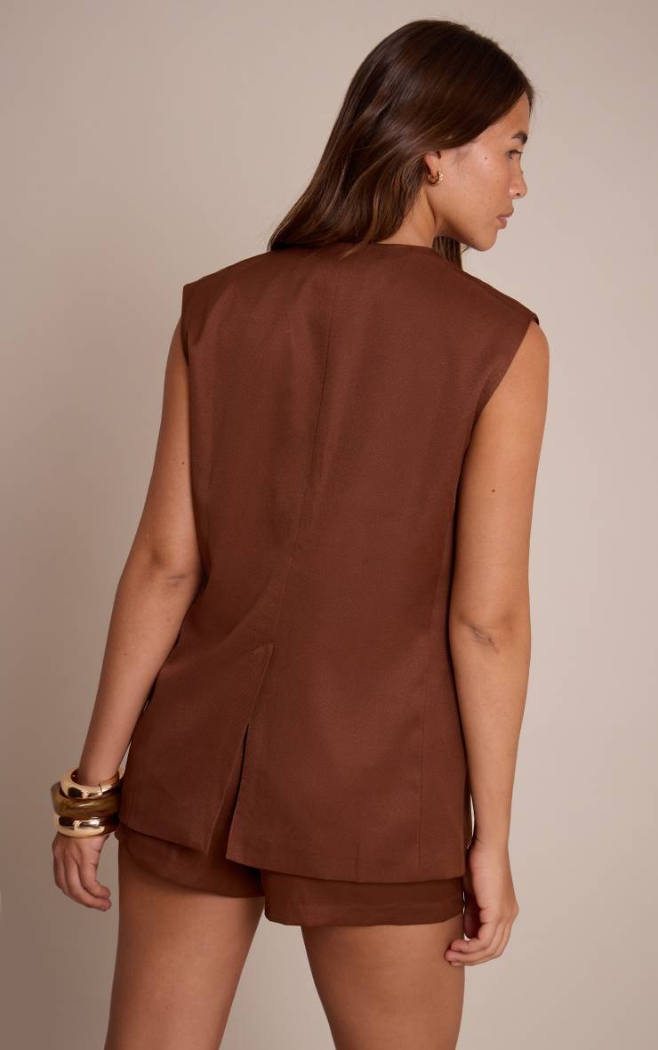 Chocolate Brown Gilet Long Ajusté Tissé Haut De Gamme