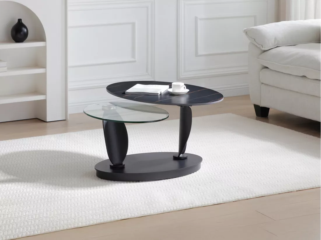 Table basse avec plateaux pivotants en céramique, verre trempé et métal - Effet marbre noir - MANEYA de Maison Céphy