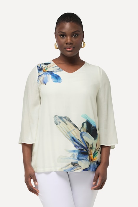 Bluse, Blüten, Oversized, V-Ausschnitt, 3/4-Glockenärmel