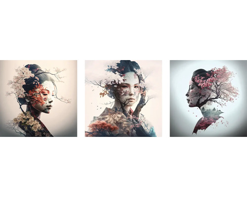 Canvas schilderij Geisha Cherry set van 3 3x 50x50 cm