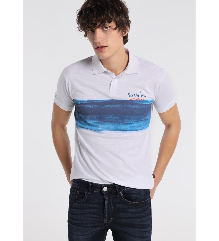Polo Six Valves Brush Print Water Denim Branco