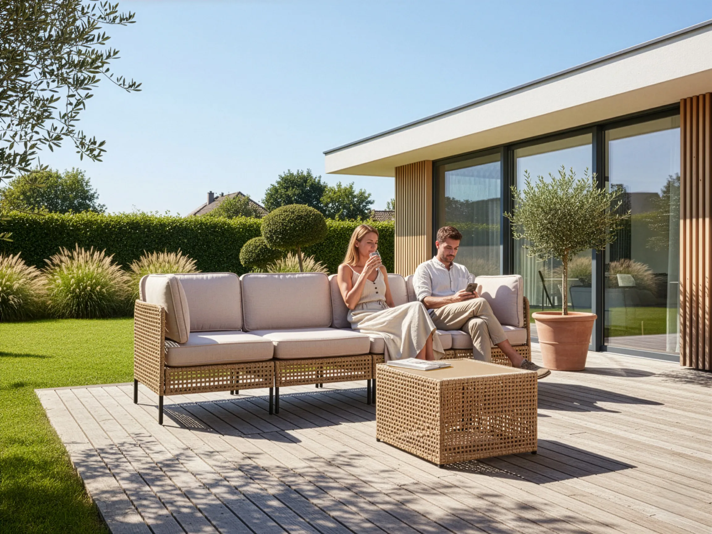 Tuinbank met tafel 4-zits OMEGANA modulair PE rotan Lichtbeige