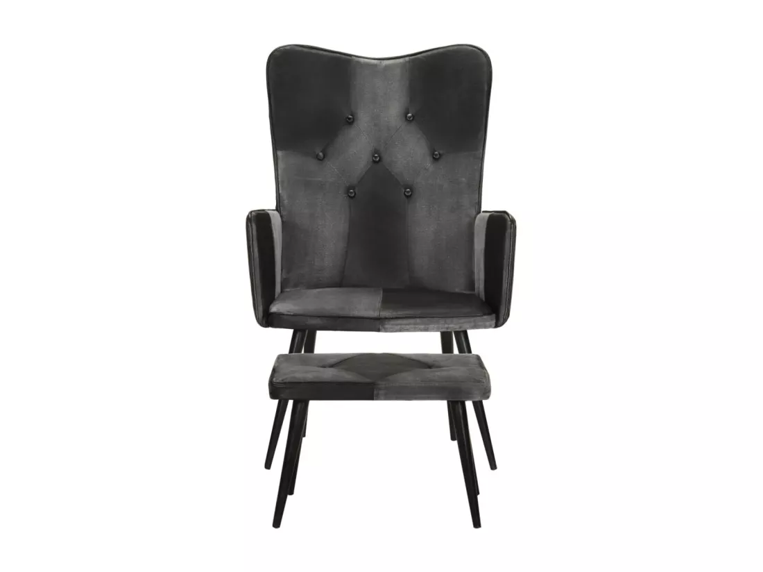 Fauteuil avec repose-pieds Noir Cuir véritable et toile