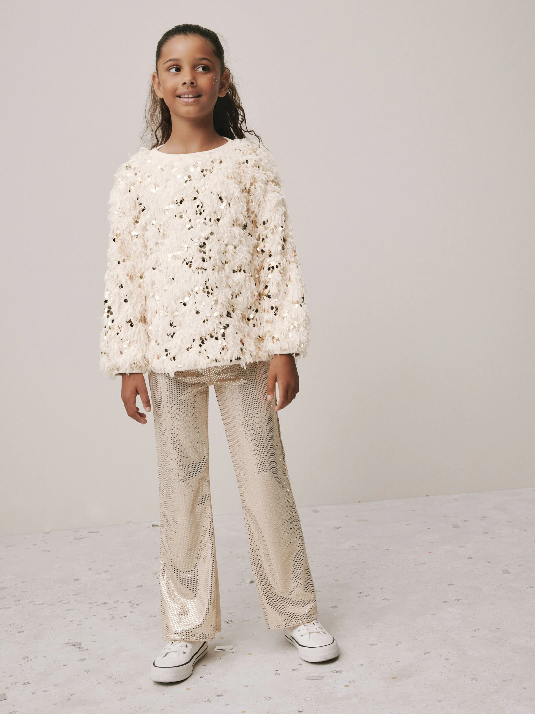 Crème/Goud wollige Pailletten - Party-set met top en flared legging (3-16jaar)