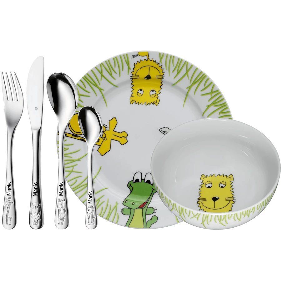 Schnullireich Geschenkset mit Namen Safari: WMF Kinderbesteck + TellerSchale+ Lätzchen 7-Teilig Silber