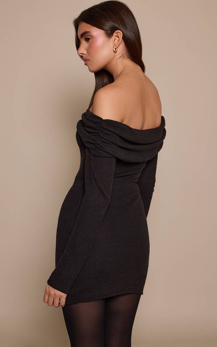 Noir Robe Moulante Côtelée Brossée À Détails Bordés Et Encolure Bardot