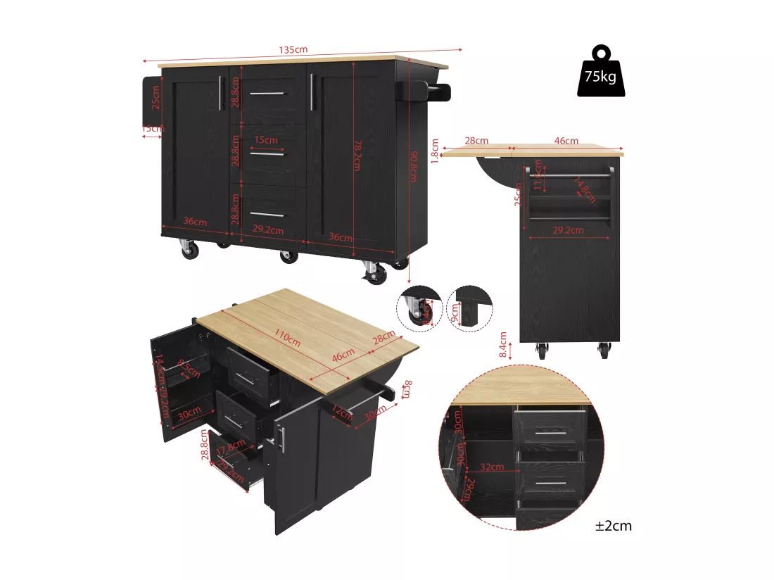 Ilot central de cuisine - chariot à roulette avec plateau extensible - 3 tiroirs et 2 portes - Noir