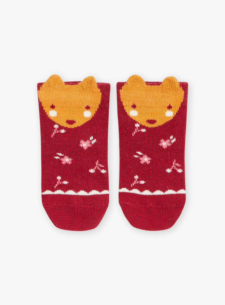Chaussettes rouge foncé à motifs fleuris et tête d'animal