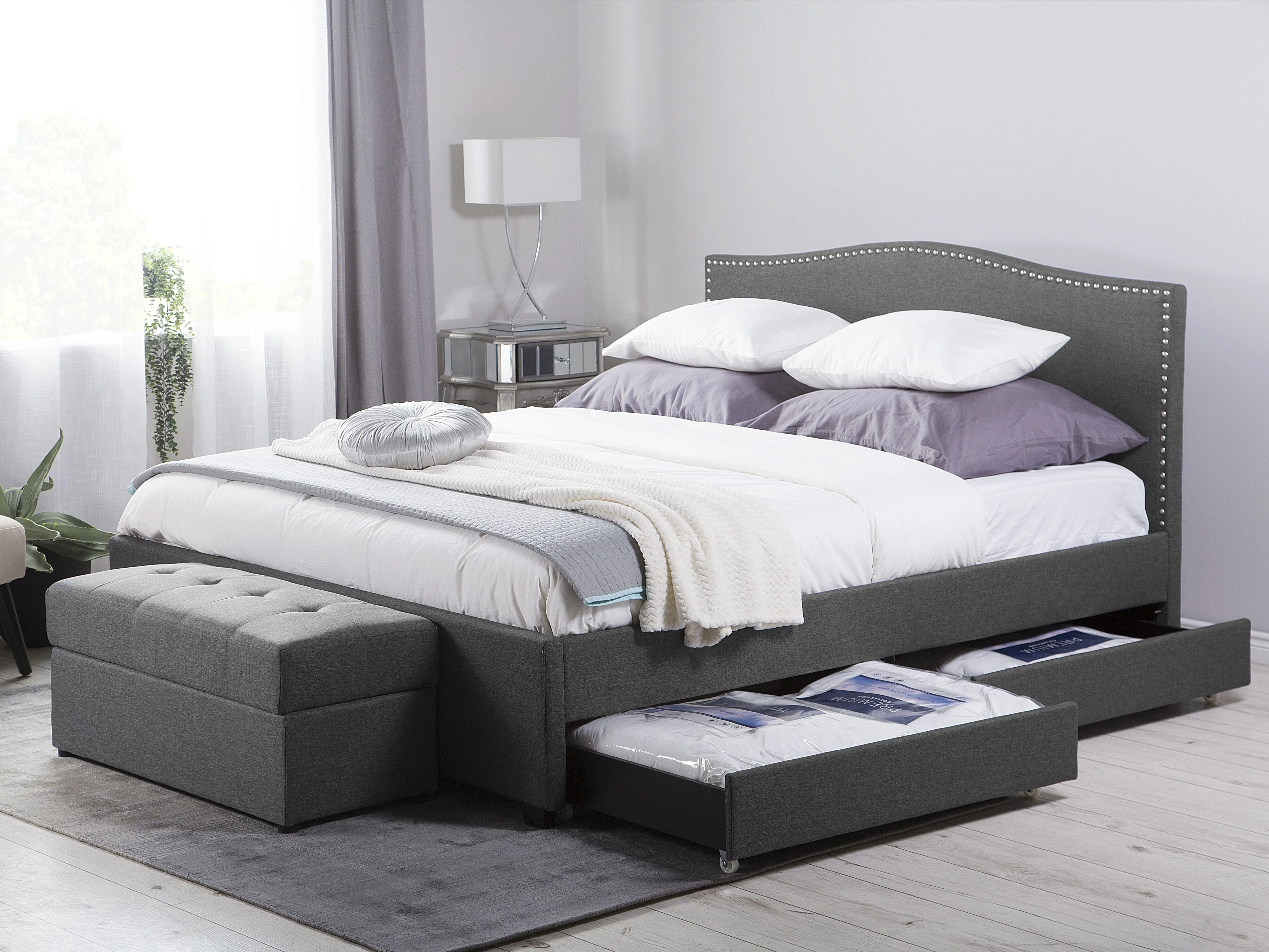 Bed met opbergladen Stof MONTPELLIER 180 x 200 cm LED Donkergrijs