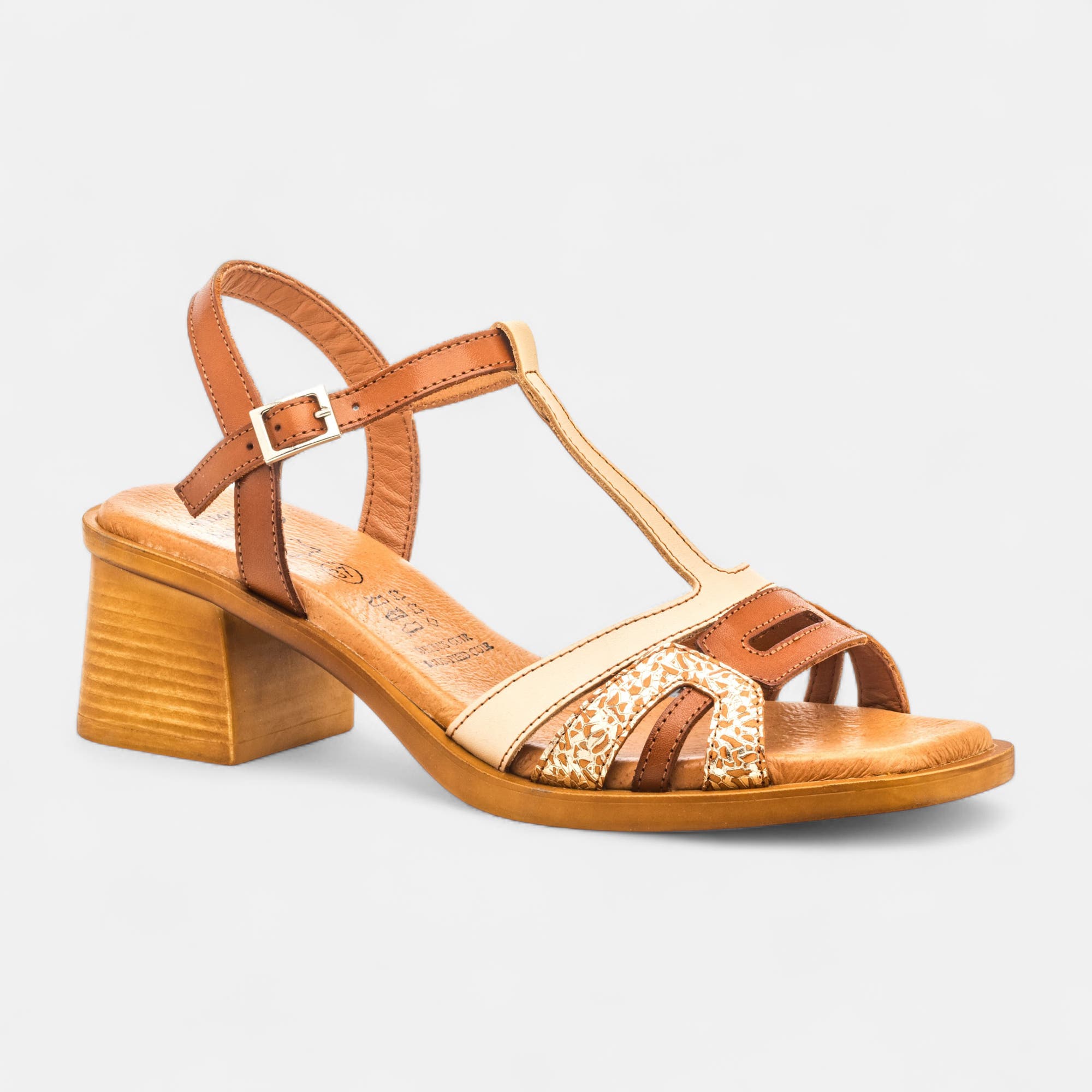Nu-pieds à talon Femme en cuir cognac