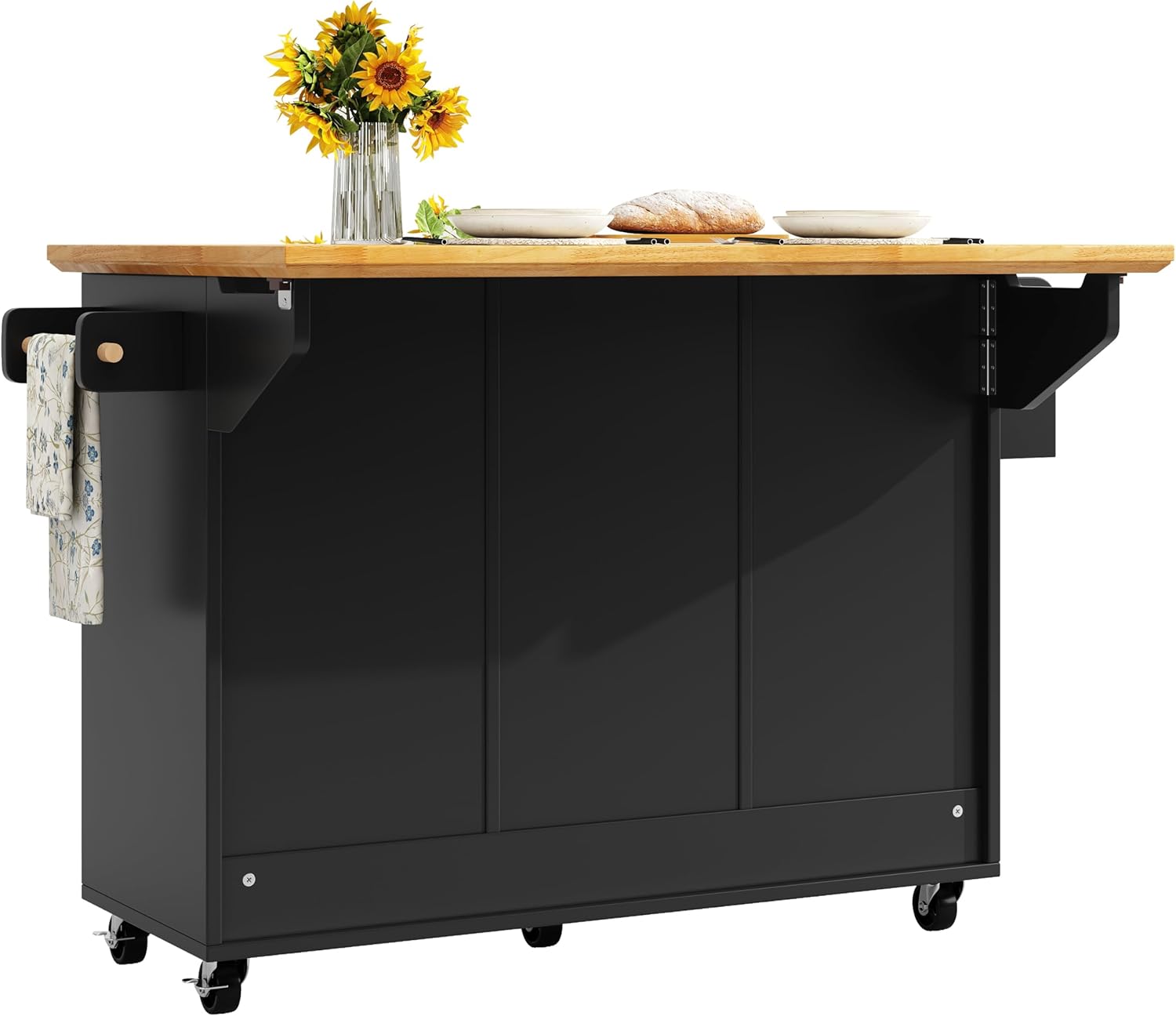 Kücheninsel, Schrank, Sideboard, Ausziehbarer Küchenwagen auf Rollen mit Handtuchhalter und Gewürzregal, verstellbare Einlegeböden, Schwarz