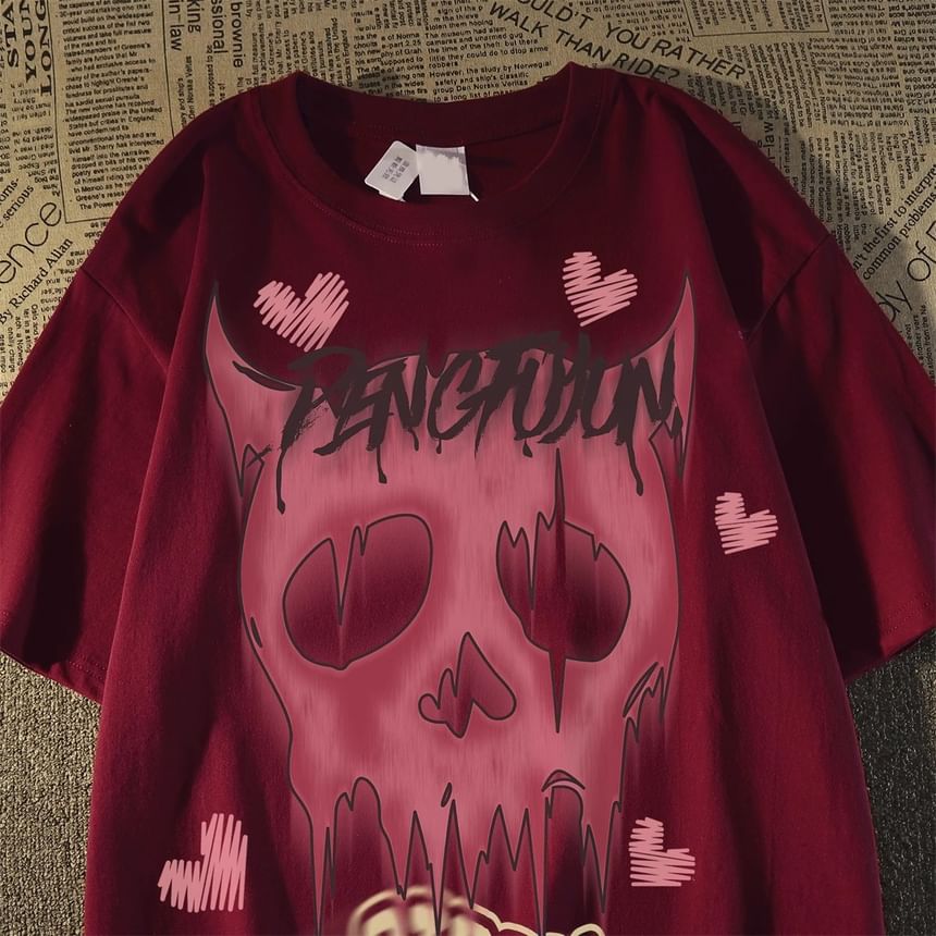 Bay Go Mall - T-shirt met ronde hals en duivelsprint, met elleboogmouwen