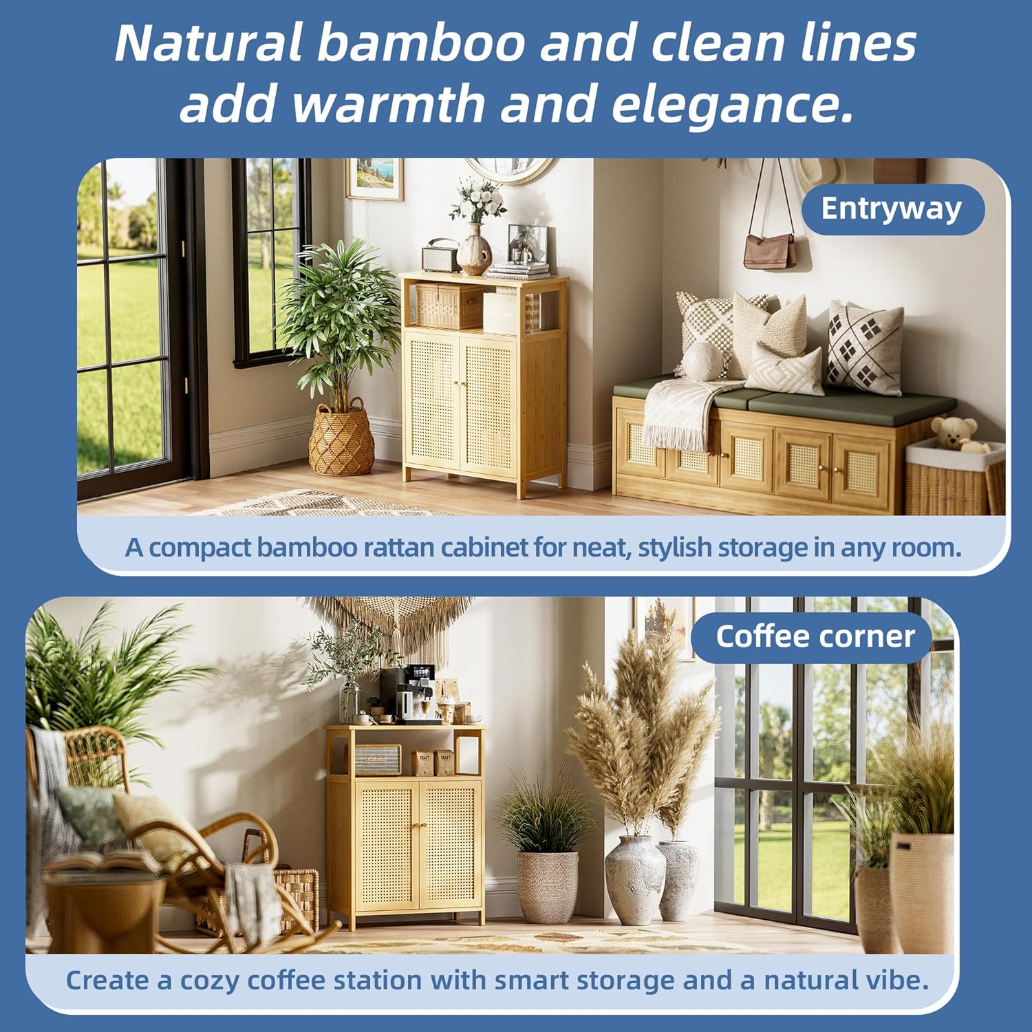 HITNET Rattan Badezimmerschrank, Bambus Badschrank mit Doppeltür, Freistehender Bodenaufbewahrungsschrank Seitenorganizer für Bad, Küche, Wohnzimmer, Natur