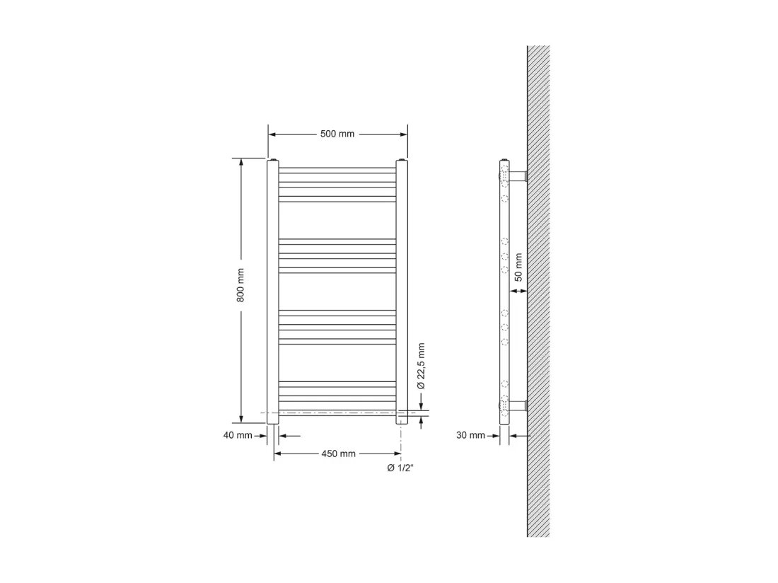 Radiateur de salle de bain Sahara Raccord latéral chauffe-serviettes Chrome 500x800 mm