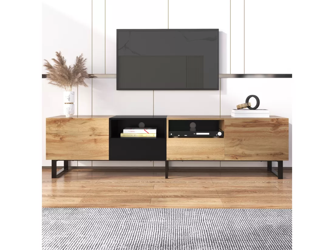 Meuble TV moderne au design noir et bois avec espace de rangement spacieux Modai