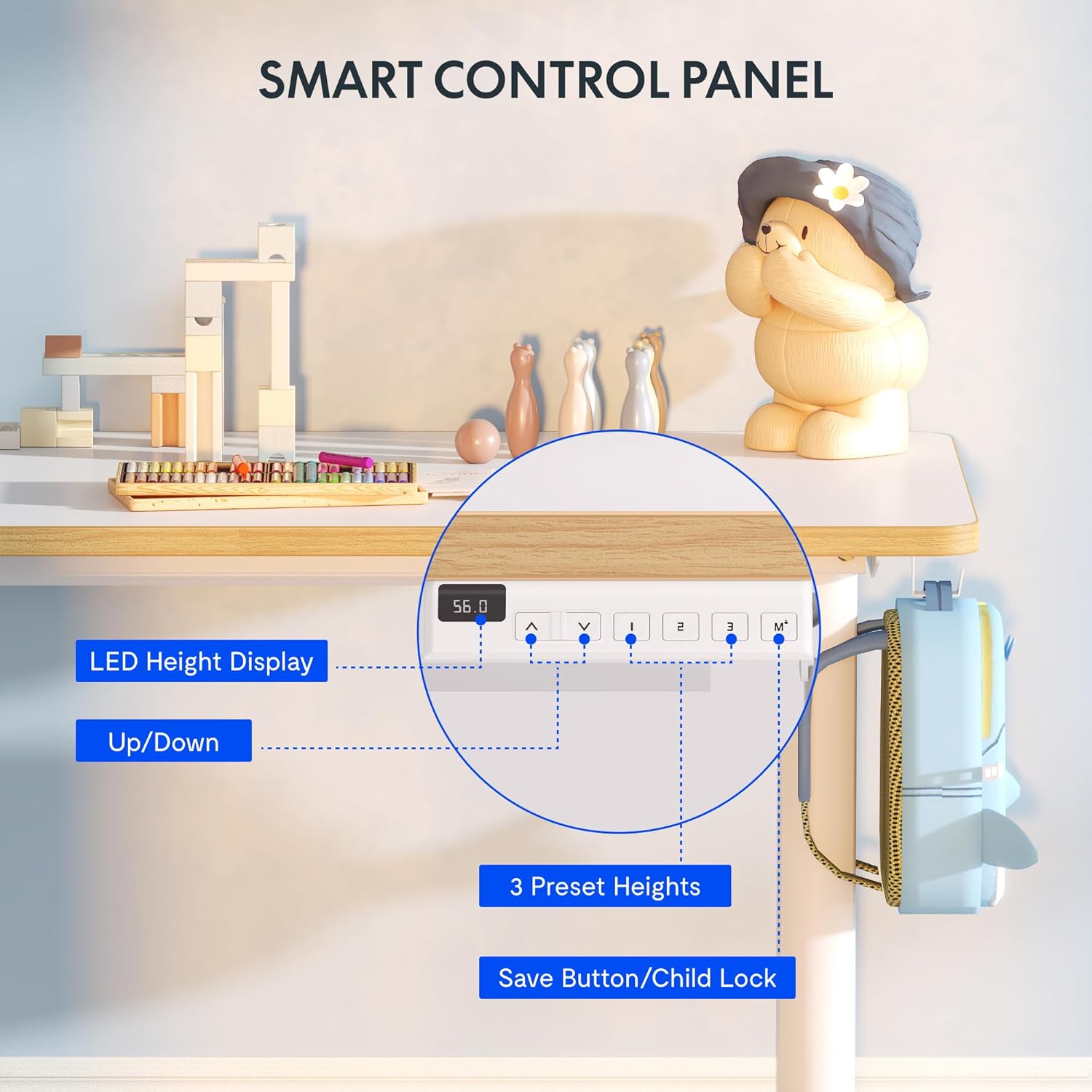 FLEXISPOT Kinderschreibtisch, elektrisch höhenverstellbar Schreibtisch, für Kinder ab 6 Jahren, mit LED-Höhenanzeige, 3 Speicherplätzen, Kindersicherung und Ergonomischer Tischplatte 110 x 52 cm