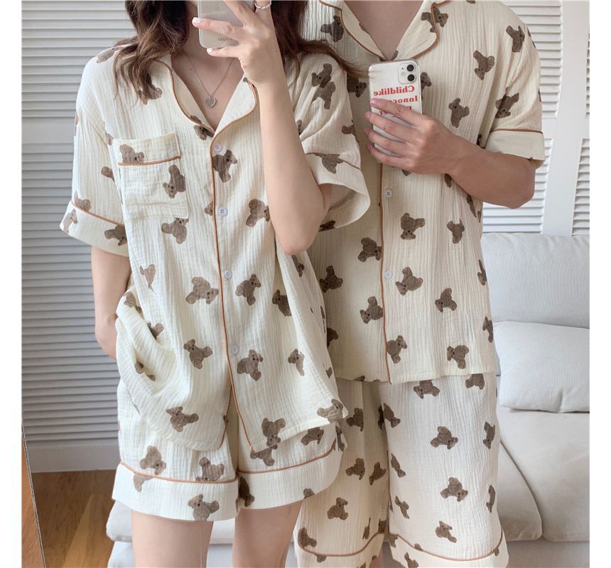 Tonni's - Bijpassende pyjamaset voor koppels: shirt met korte mouwen en berenprint + korte broek