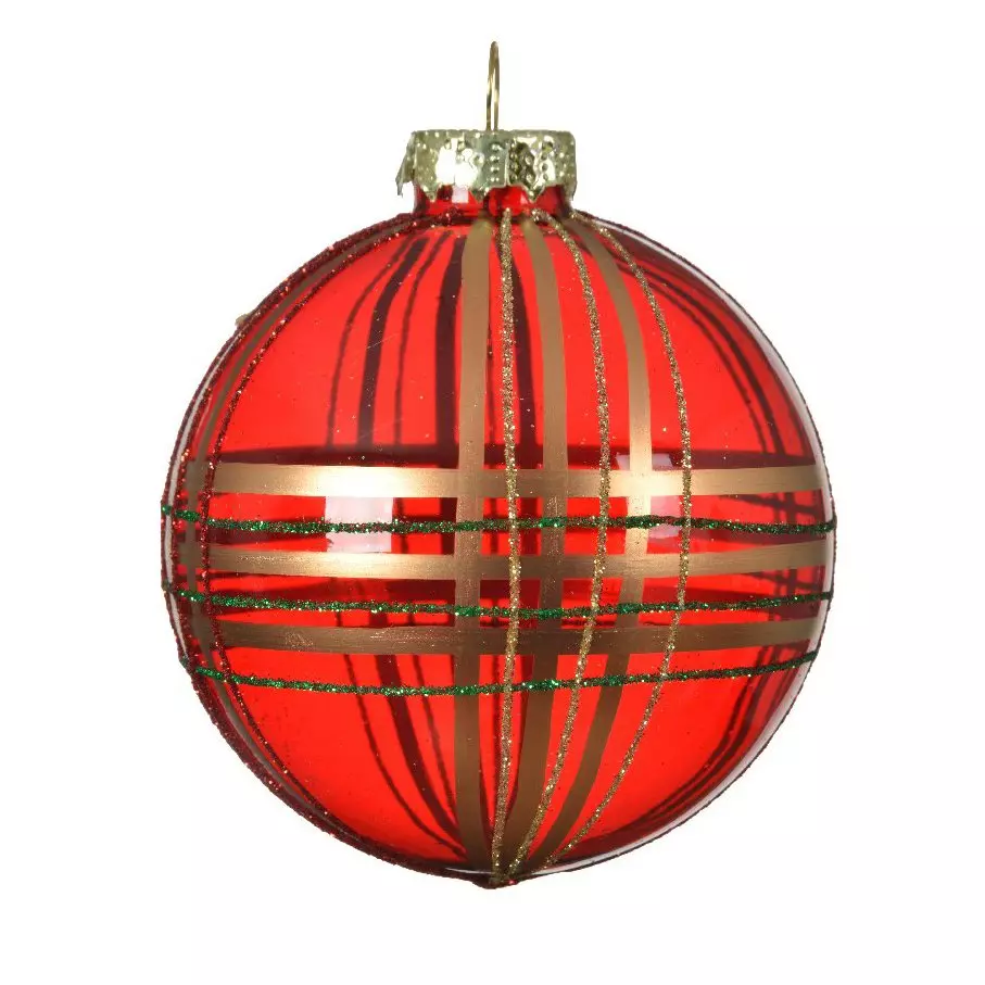 Lot de 3 boules de Noël en verre (D80 mm) Paillettes graphique Rouge