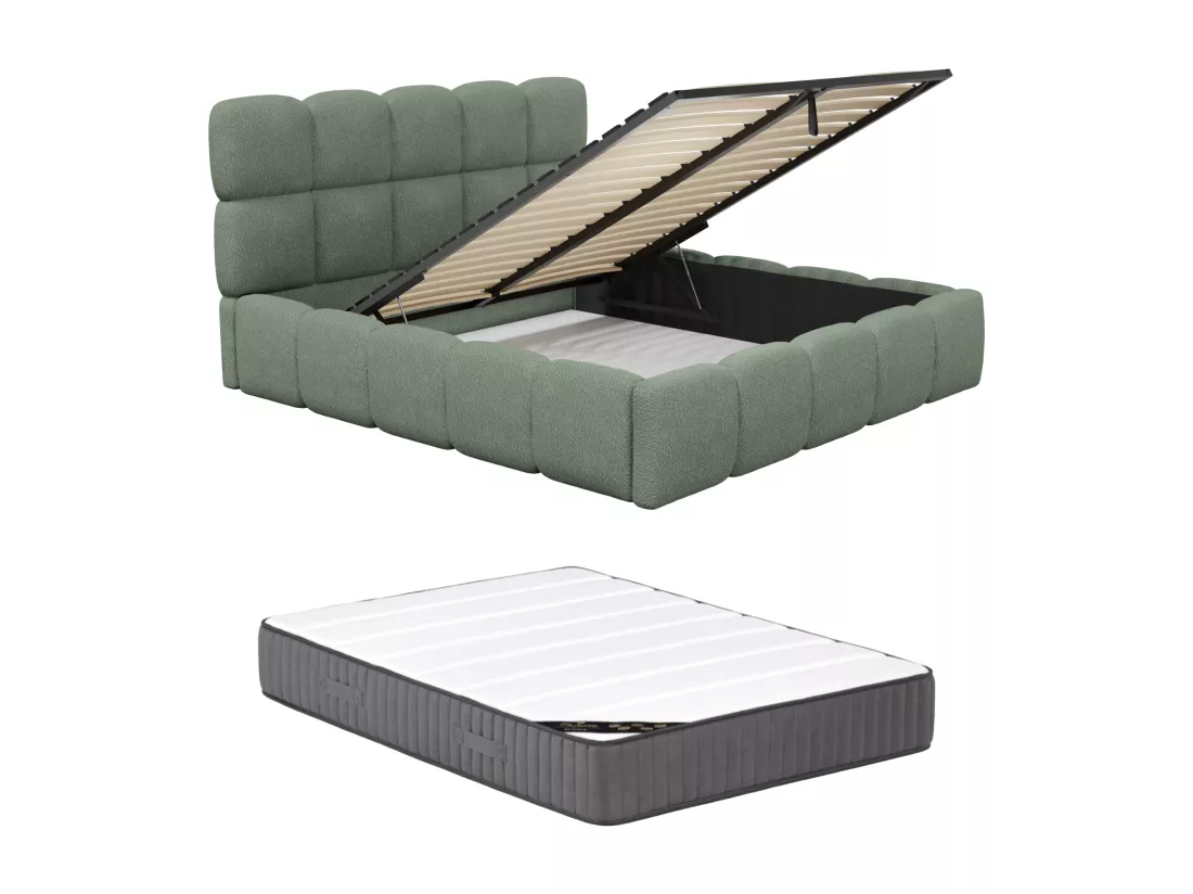 Lit coffre 140 x 190 cm - Tissu bouclette - Vert amande + Matelas - DAMADO de Pascal Morabito