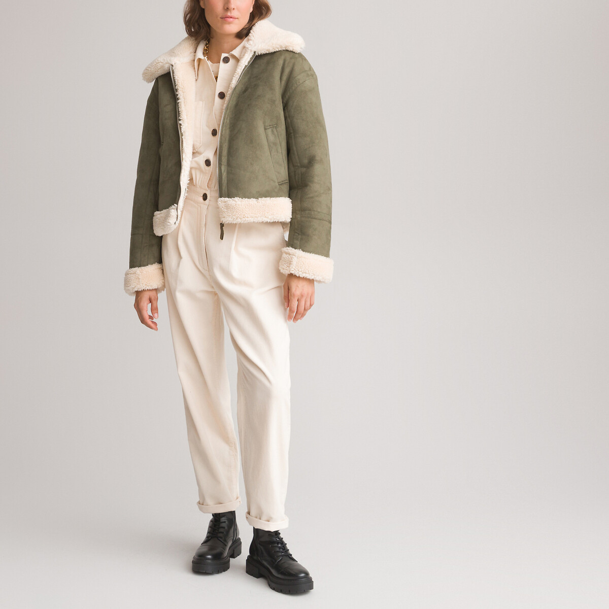 COLEÇÕES LA REDOUTE<br>Casaco de couro sintético, forrado com sherpa