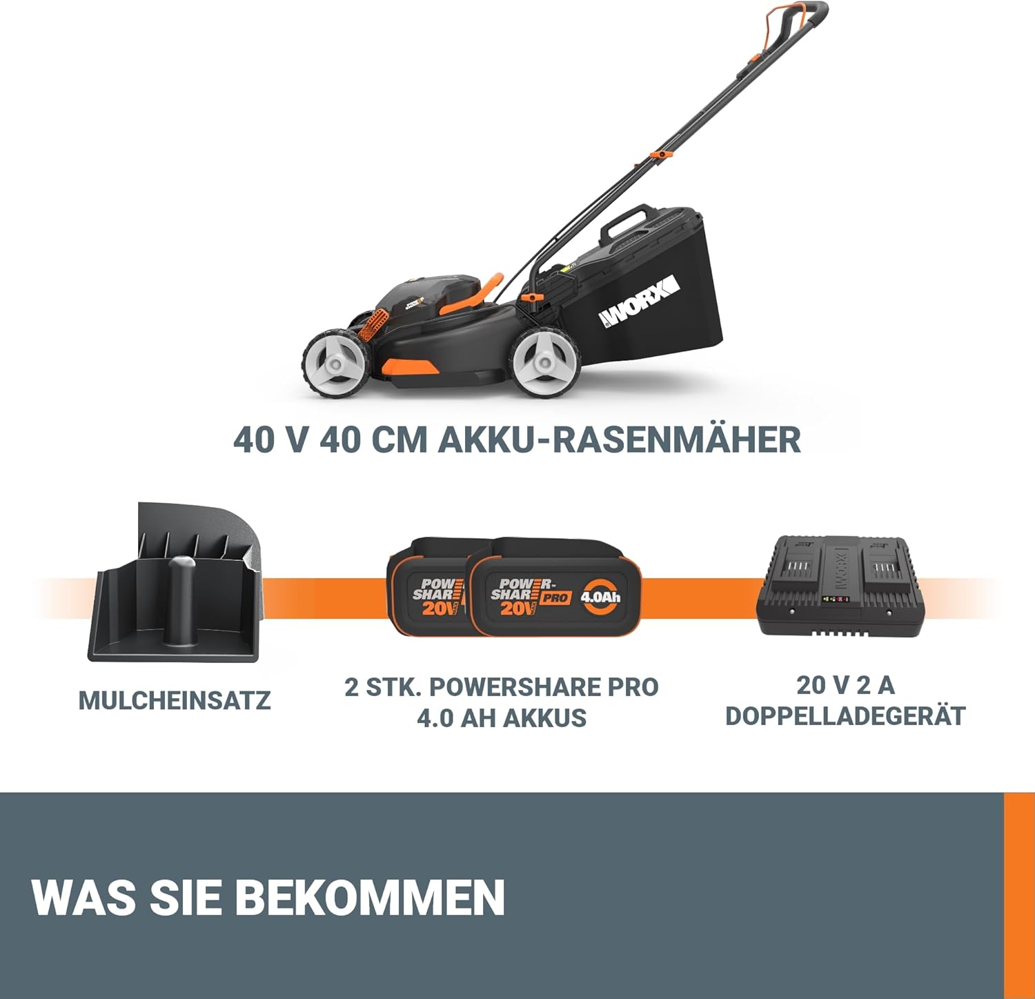WORX WG743E Akku-Rasenmäher 40V, Profi Rasenmäher mit Mulchfunktion & PowerShare Akku, Rasenmähen ohne Kabel, Ideal für Gärten bis zu 500m² (inkl. 2X 4Ah Akkus & Dual-Ladegerät)