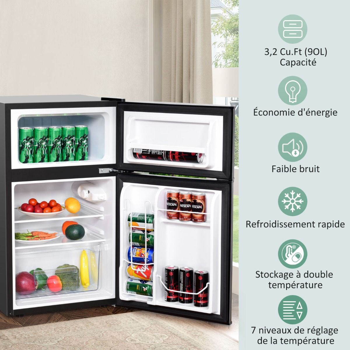 Réfrigérateur Compact Mini-réfrigérateur 90 L Congélateur Séparé avec Design à 2 Portes Fonctionnement Silencieux Blanc/Gris/Noir - Lidl-Manfred