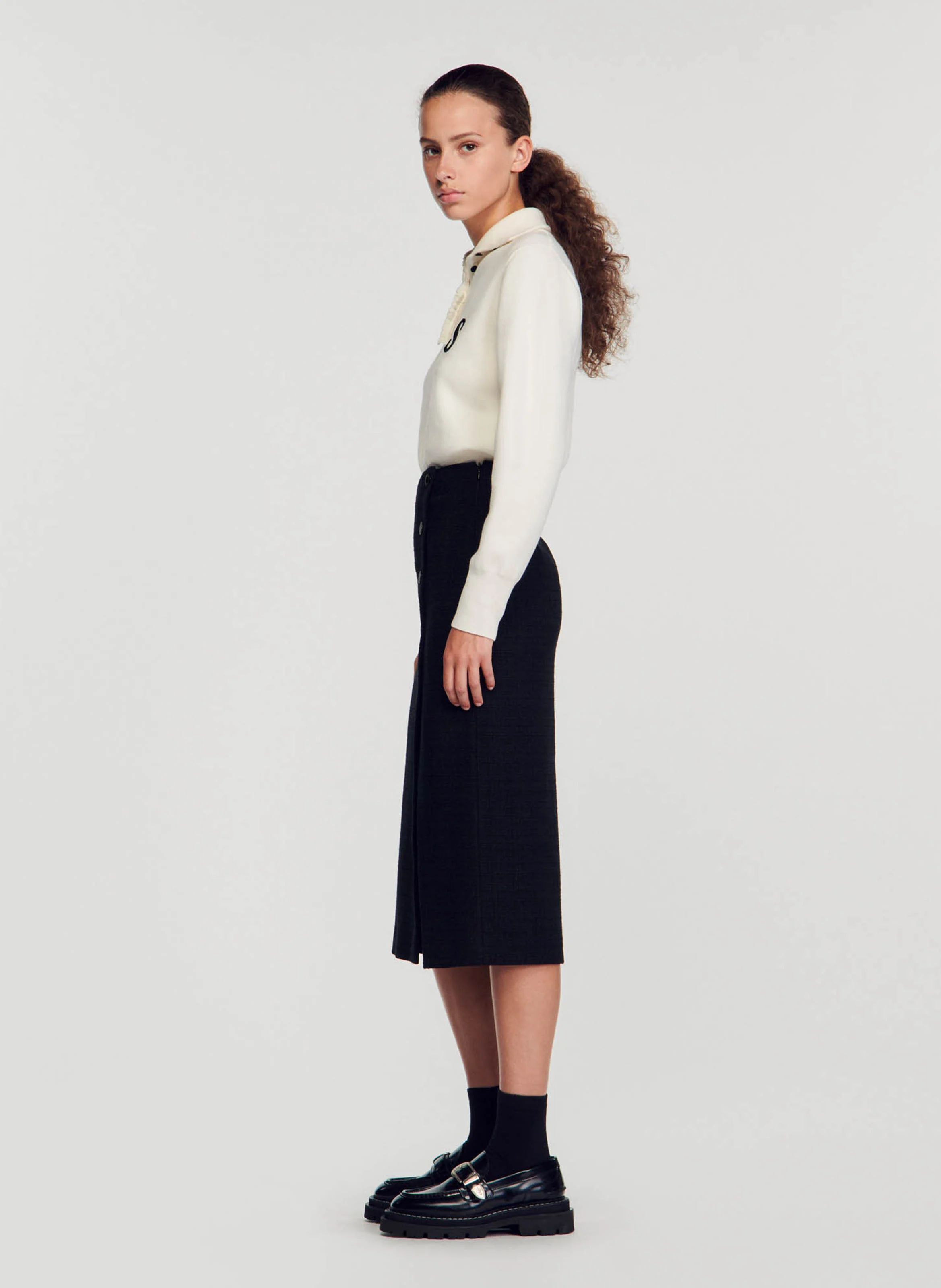 Jupe en tweed mi longue en coton mélangé | Noir