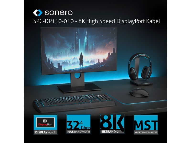 sonero Kabel 8K DisplayPort - DisplayPort, 2 m DisplayPort auf DisplayPort Kabel - 8K60 - grau/blau - 2.00m