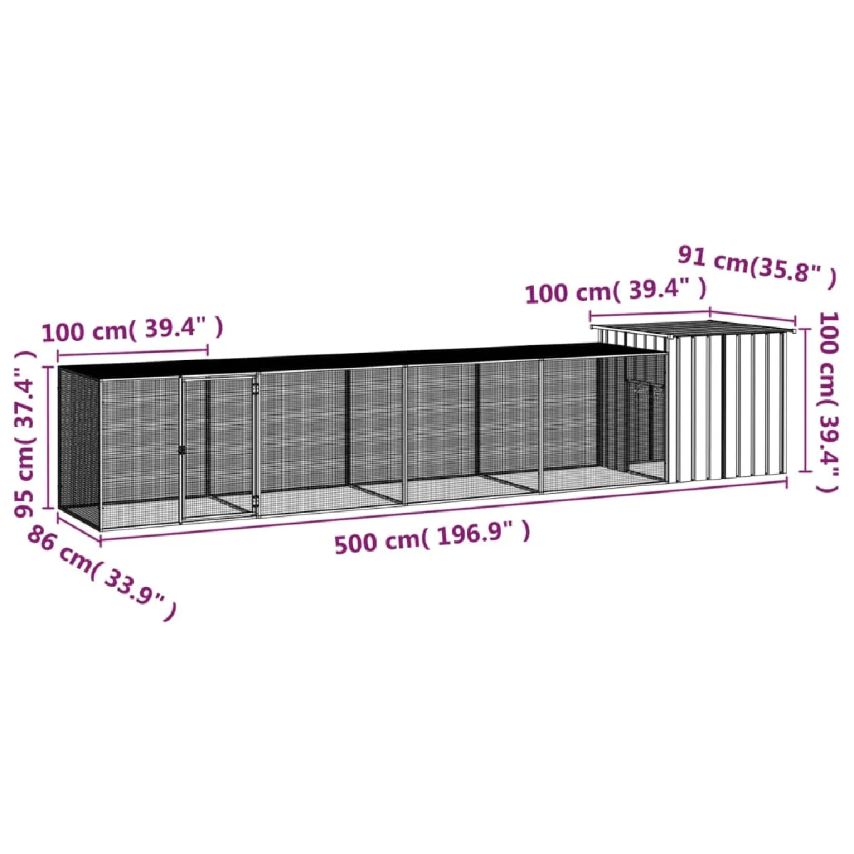 vidaXL Cage pour Poules - Gris - 500x91x100 cm