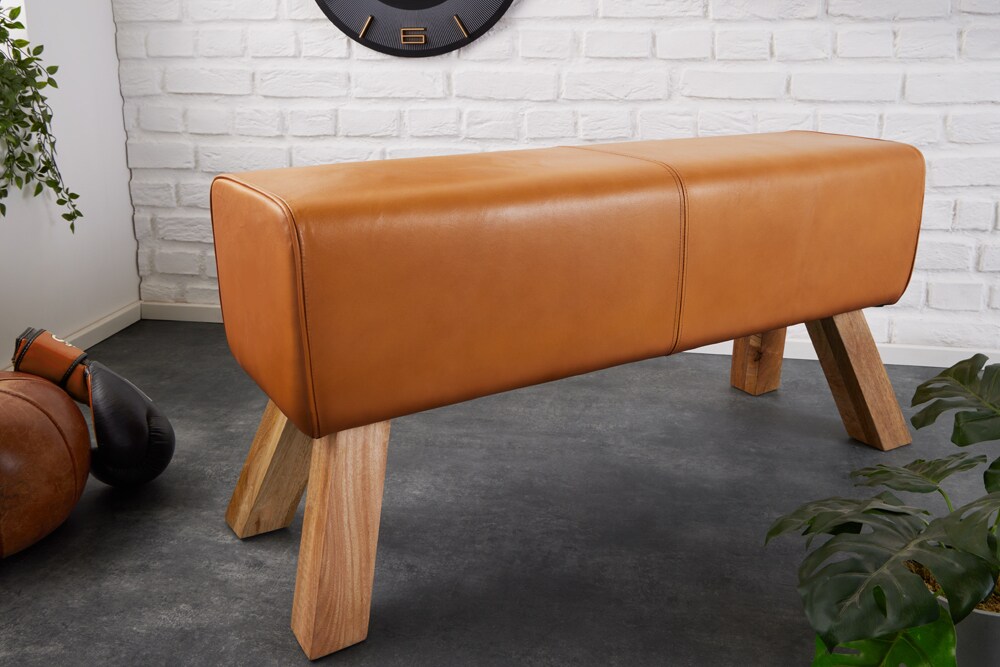 riess-ambiente Sitzbank TURNBOCK - 100cm cognac Echtleder Mangoholz Retro Sitzhocker