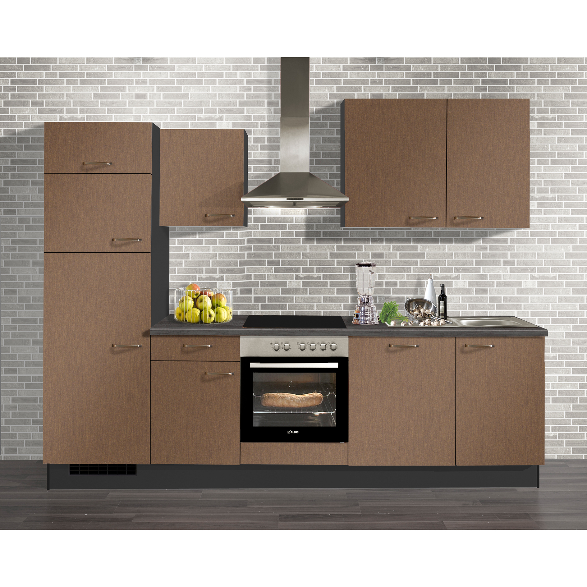 Küchenblock PN 205 - Bronze - Grafit - mit E-Geräten - Kühlschrank links - 280 cm