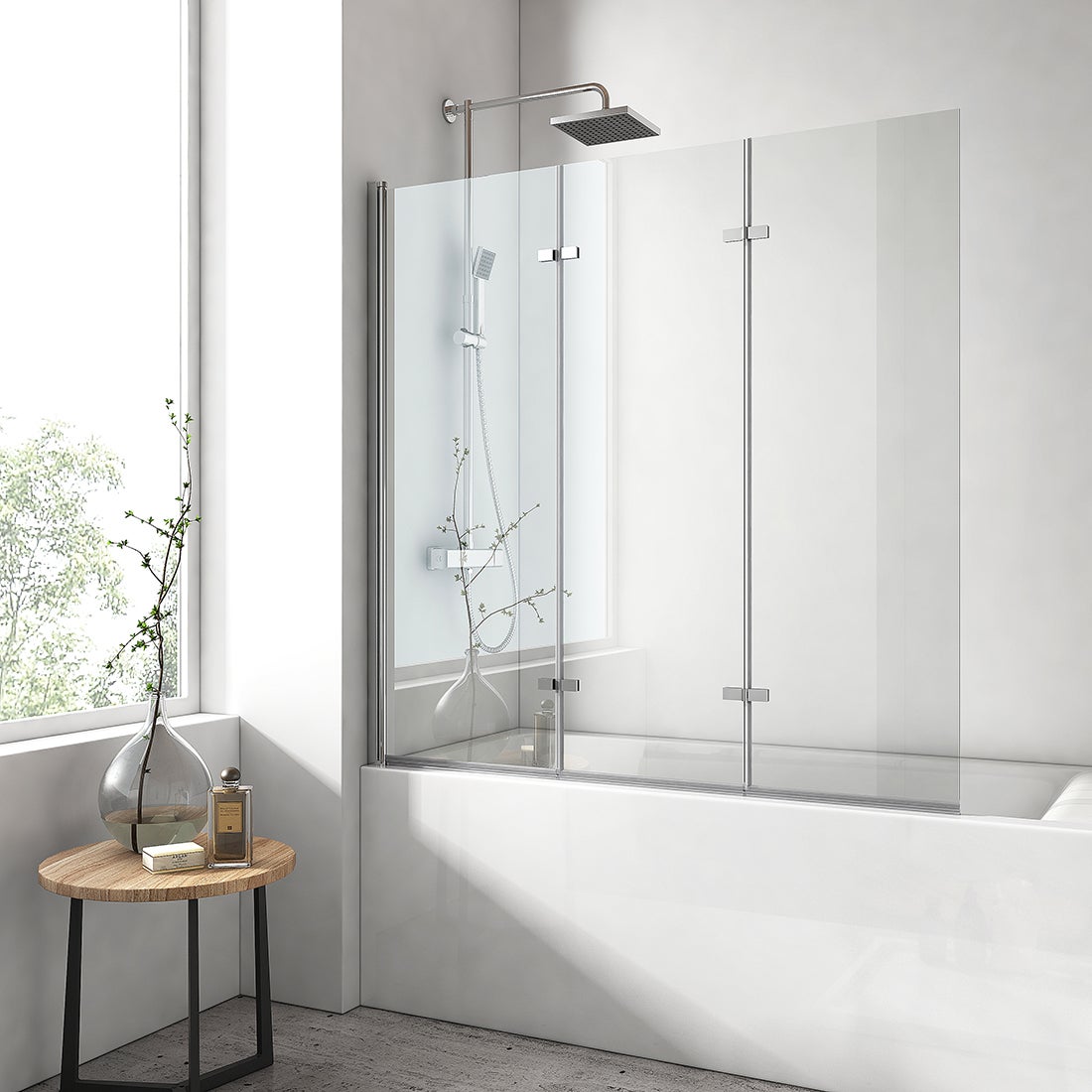 EMKE 3-delige douchewand voor badkuip, opvouwbare badwand, 120x140cm, opvouwbaar, 6mm veiligheidsglas met nanocoating, opvouwbare douchewand, rechts of links monteerbaar