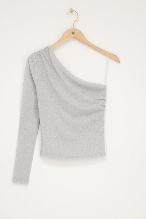 Zilverkleurige one-shoulder top met lurex