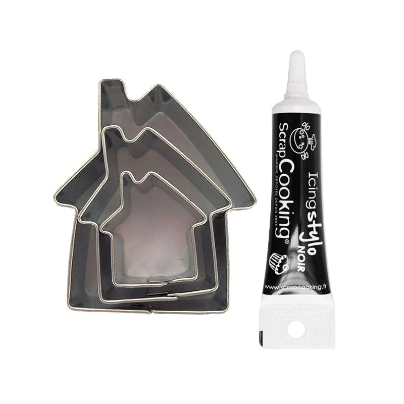 3 mini emporte-pièces inox Maisons + Stylo de glaçage noir Youdoit