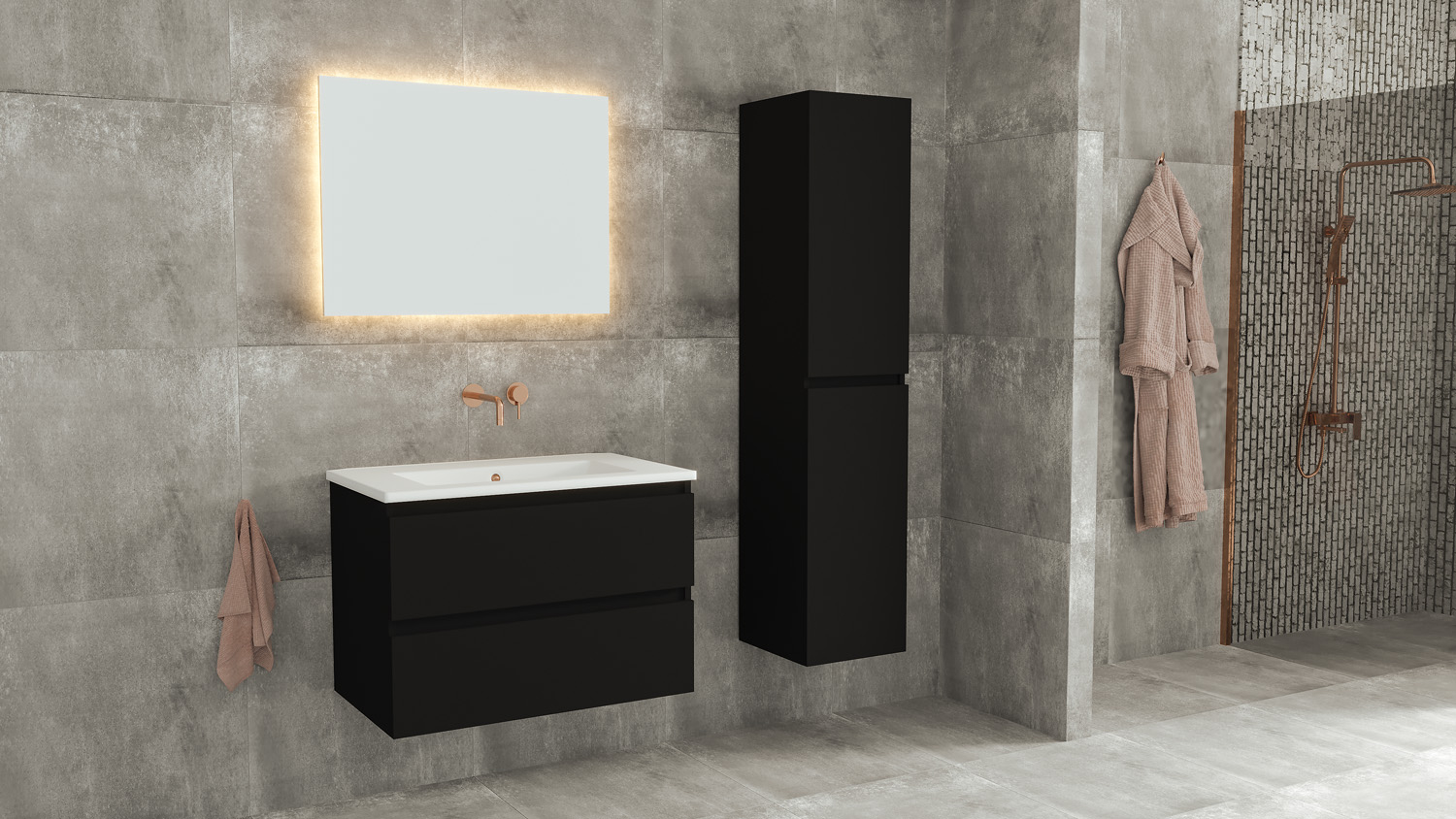 Fontana Rovigo badmeubel 80cm met witte wastafel zonder kraangat zwart mat