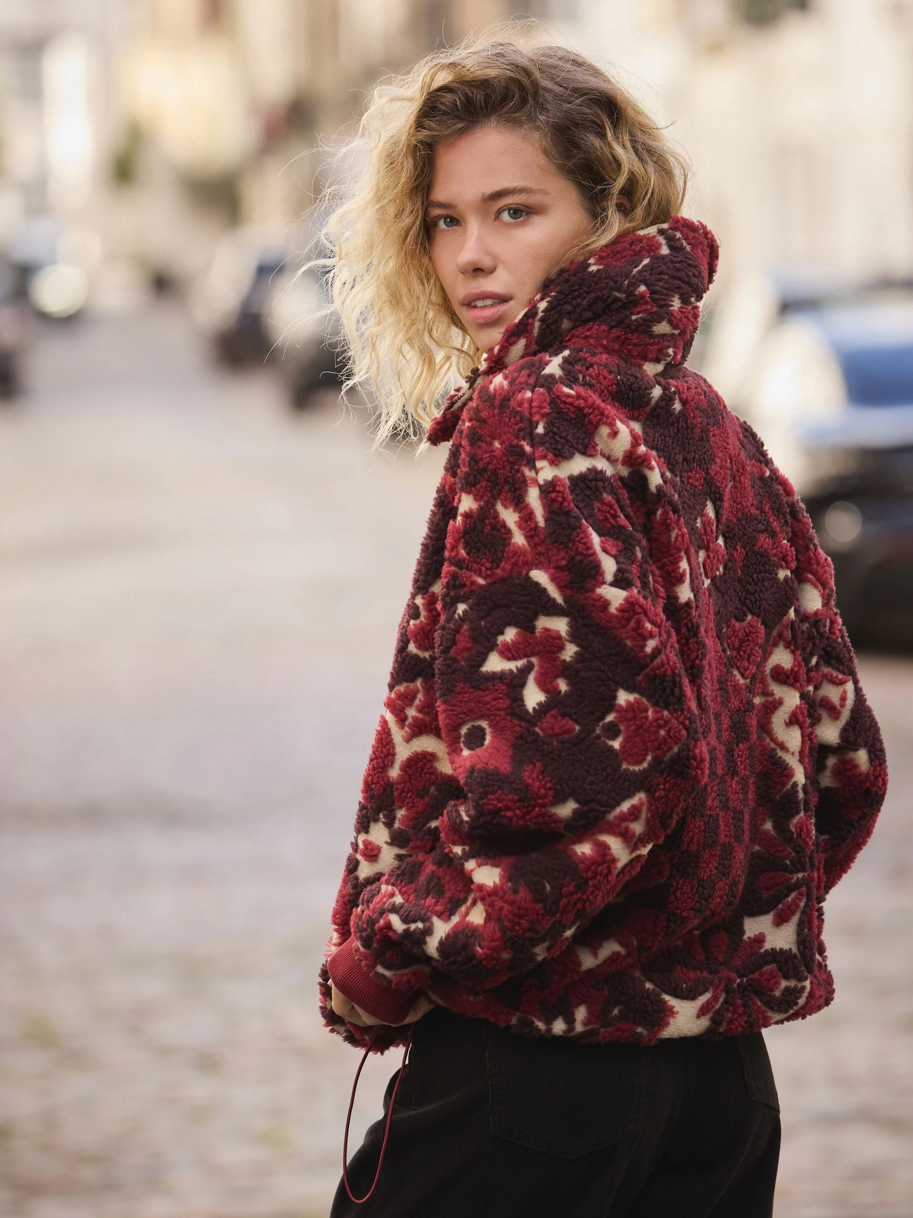 Bordeauxrood gebloemd - Jacquard Teddy Borg Quarter Zip Fleece Sweatshirt