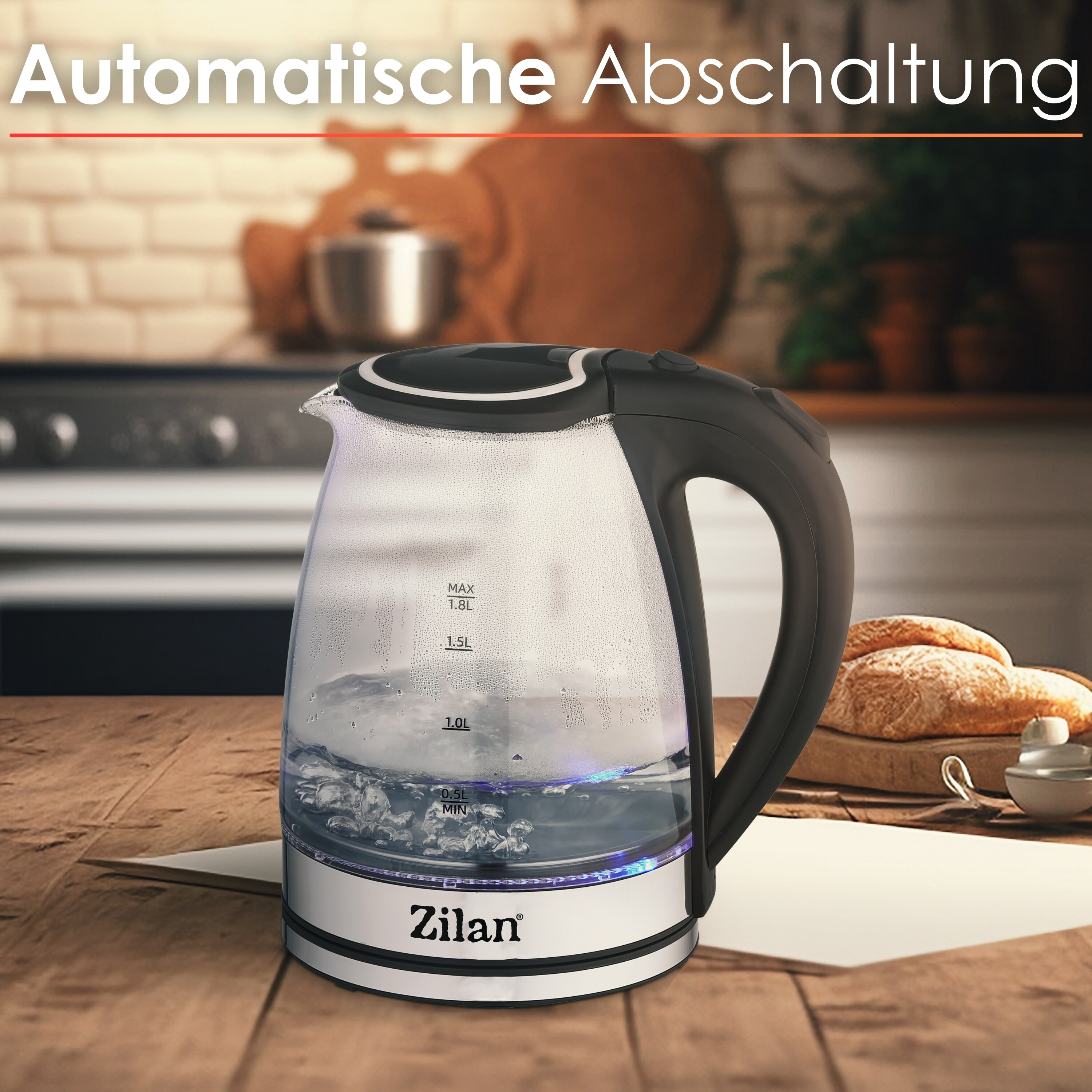 Zilan Glas Wasserkocher 1.8L mit blauer LED-Beleuchtung 1800W