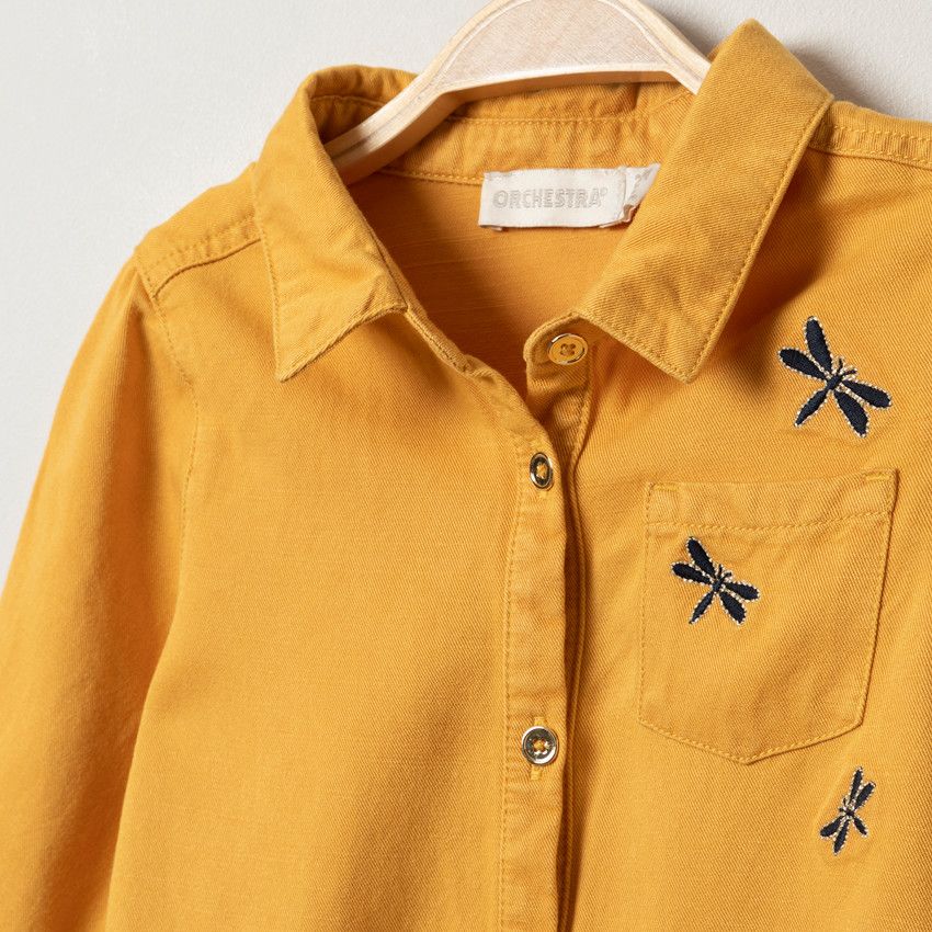 Robe manches longues en toile jaune à libellules brodées - Jaune