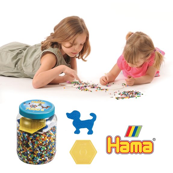 Midi pot bleu de 7000 perles a repasser HAMA et 2 plaques couleurs