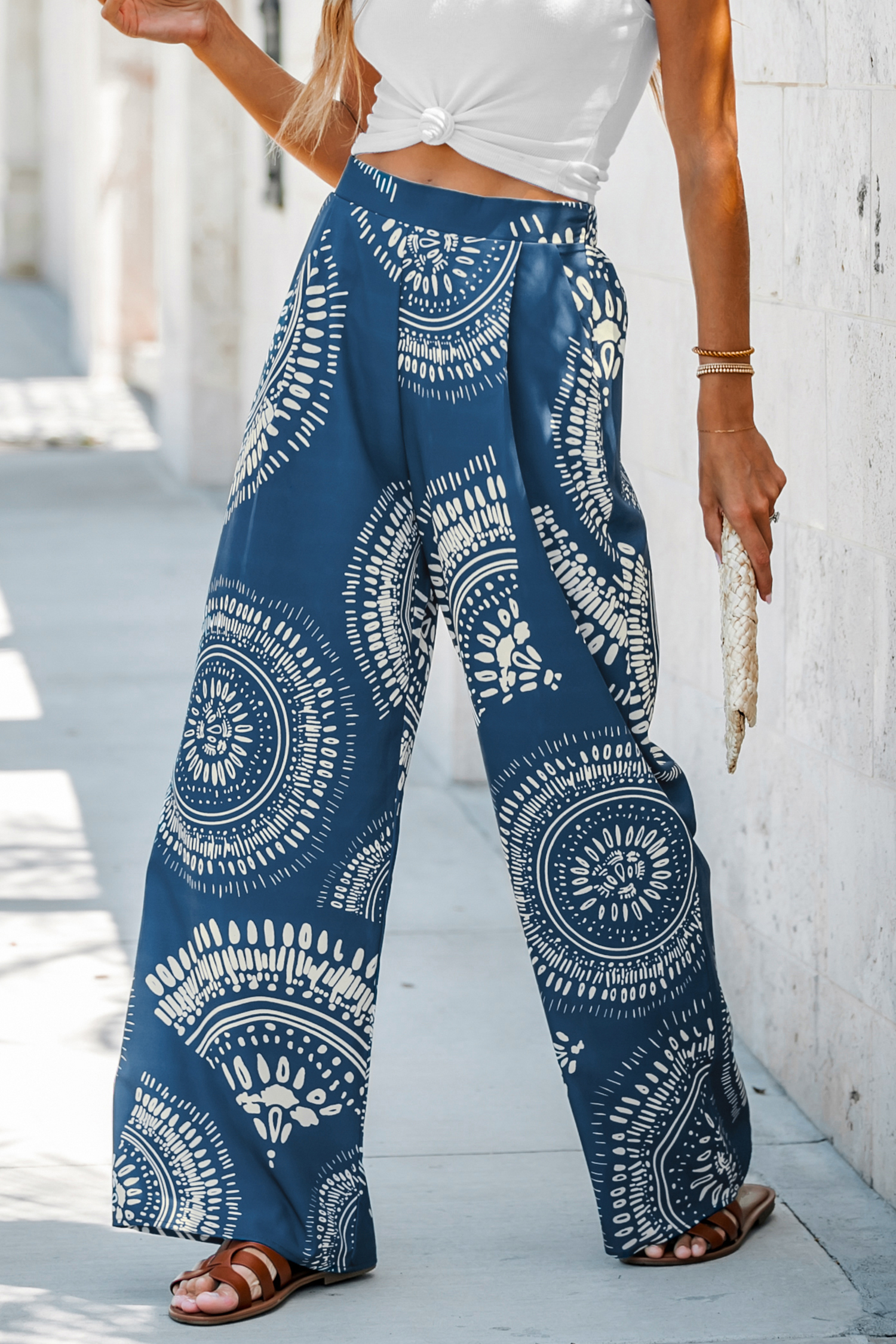 Pantalon taille haute à imprimé orné