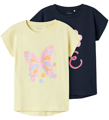 Name It T-Shirt - NmfViolett - 2er-Pack - Navy Blazer/Pastel Yel