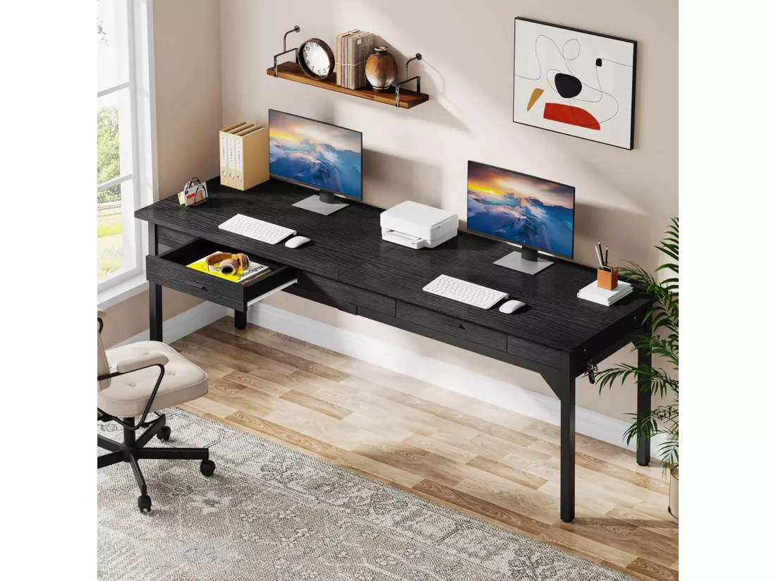 Bureau d'ordinateur - 200 x 60 x 82 cm - Double Bureau Long avec 2 tiroirs - Noir