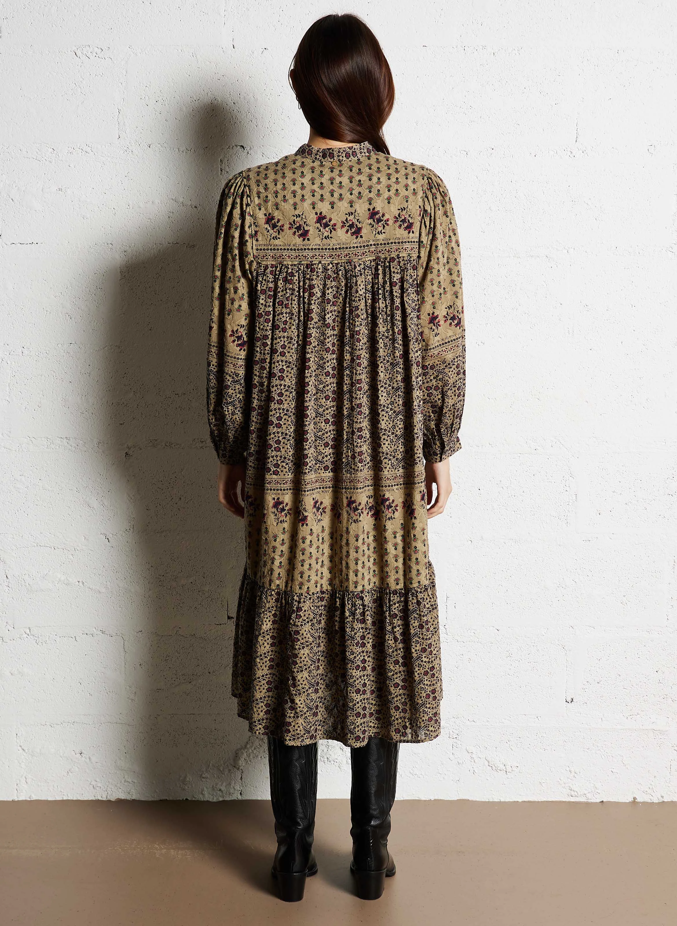 IRINA - Robe longue col rond droite en coton imprimé | Vert