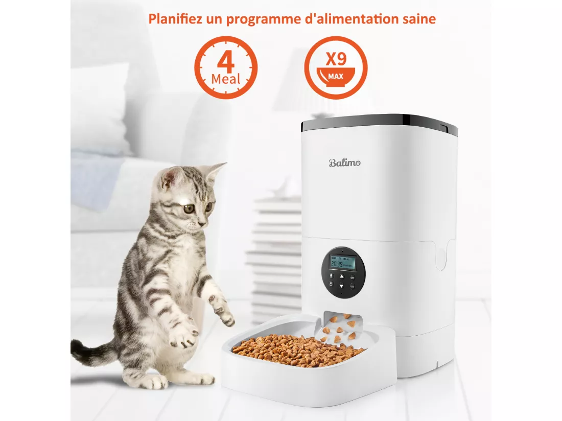 Balimo 4LDistributeur de Croquettes Chats/Chiens,avec Adaptateur Secteur/Batterie ​Mangeoire avec Écran LCD,Enregistrement Vocal 10S ,minuterie,Blanc