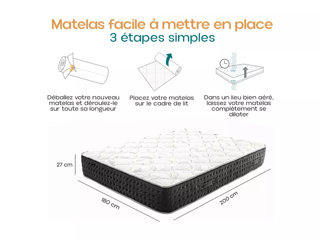 Matelas MORGA King Size 180x200 cm, à ressorts ensachés, en mousse haute densité, Soutien très ferme, face été/hiver, épaisseur 27 cm